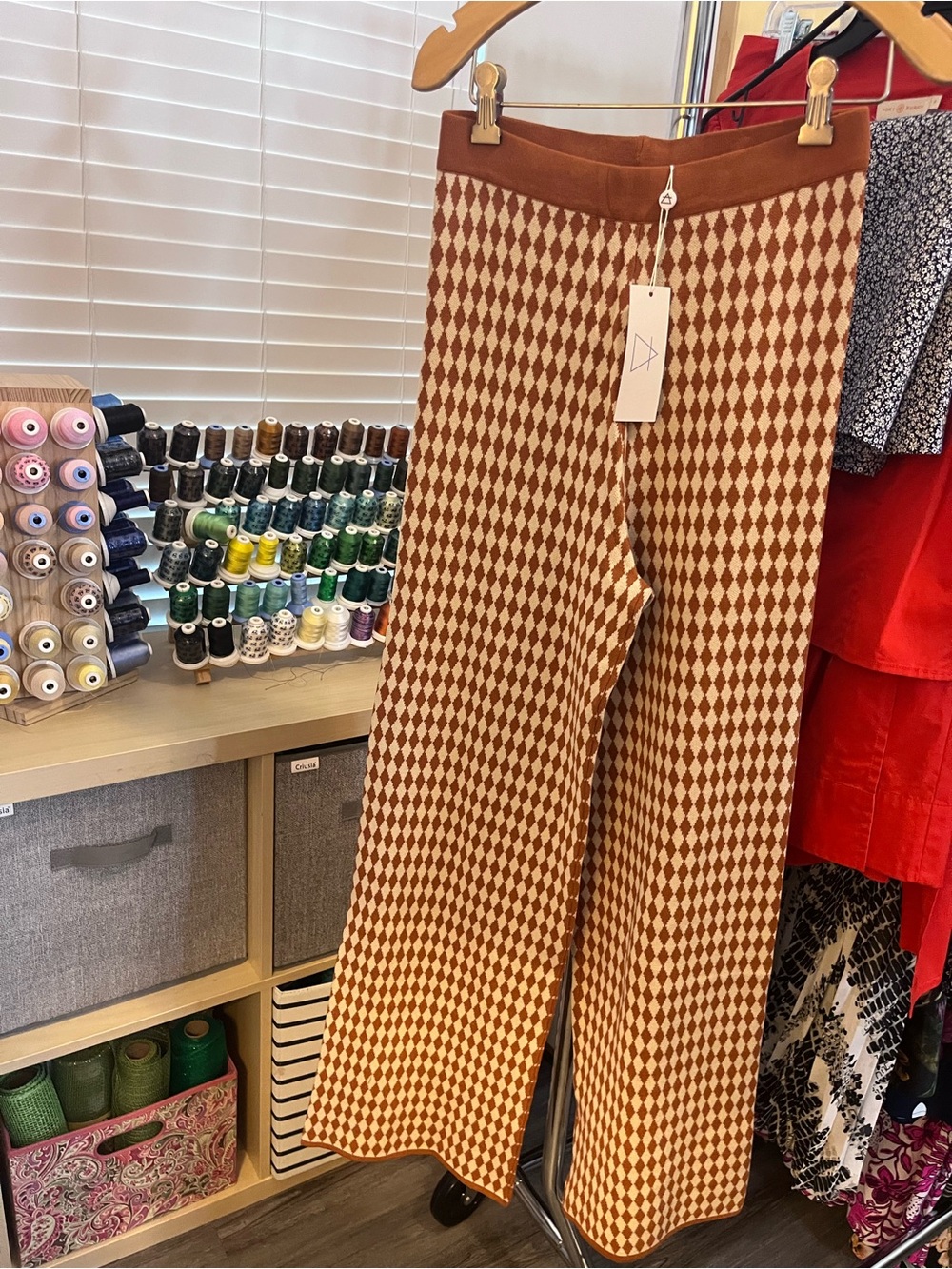 Sage the Label- Brown and Cream Diamond Knit Wide-Leg Pants size small